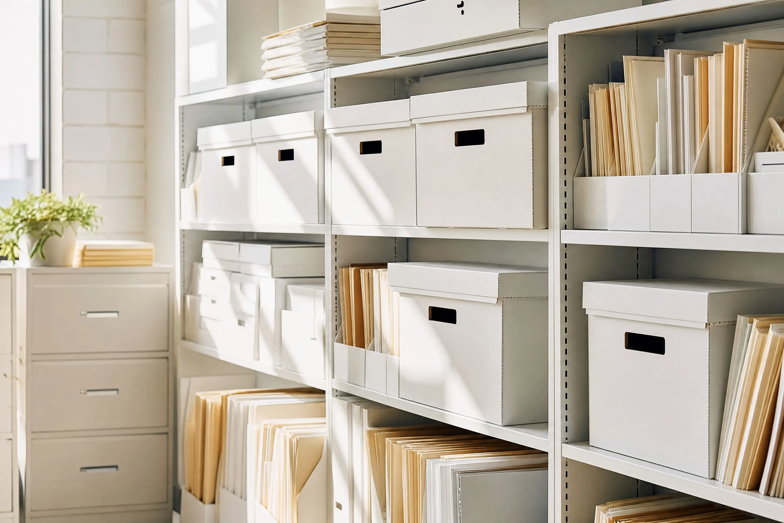 Weiße Archivboxen und Ordner in hellen Regalen