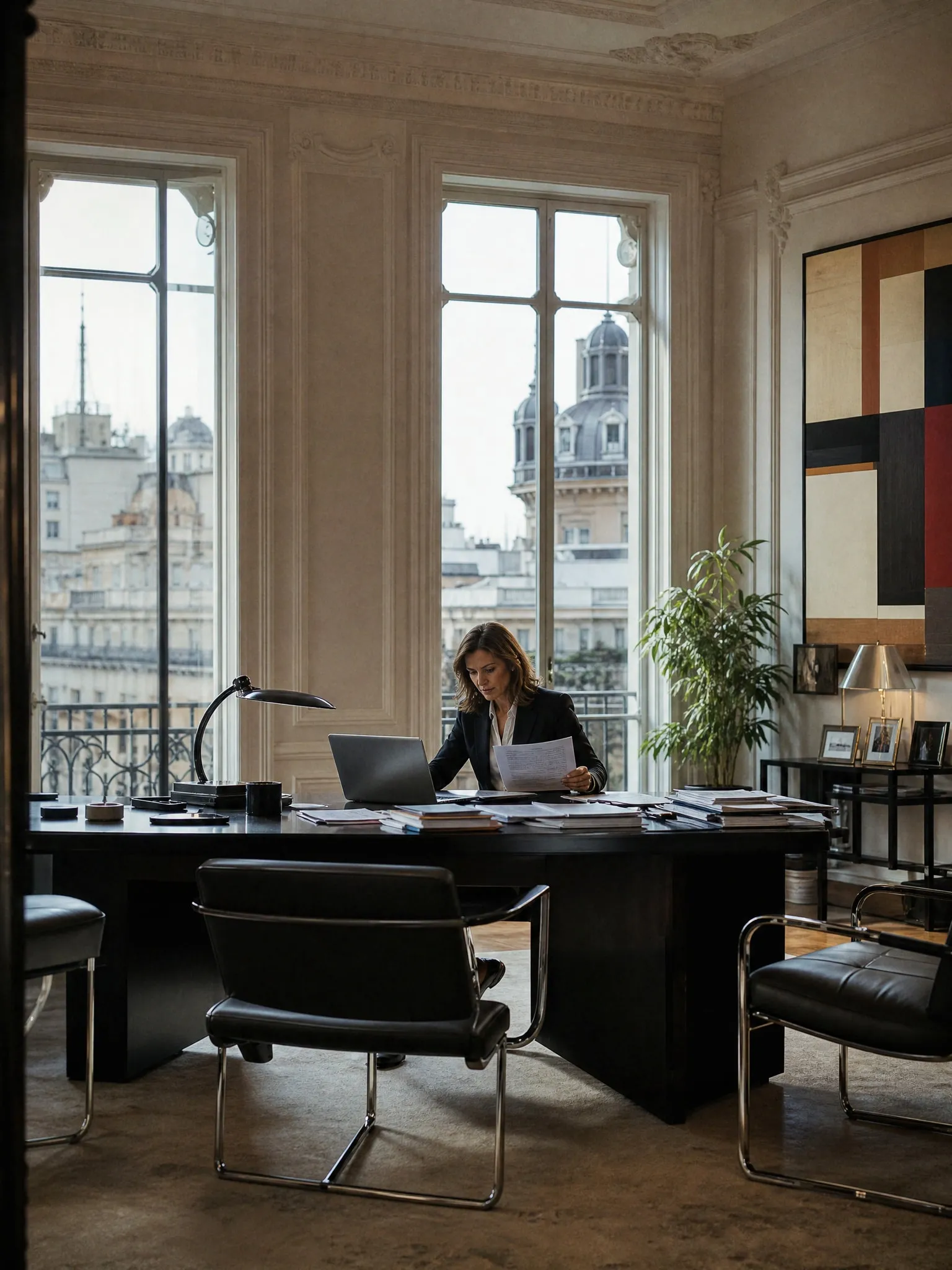 Une auditrice travaille avec un ordinateur portable et des documents dans un bureau classique aux hauts plafonds